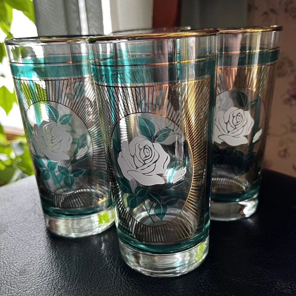 Set of 4 Vtg Libbey Party Time Glasses Tumblers Green With White Rose 12 Oz 5.5”